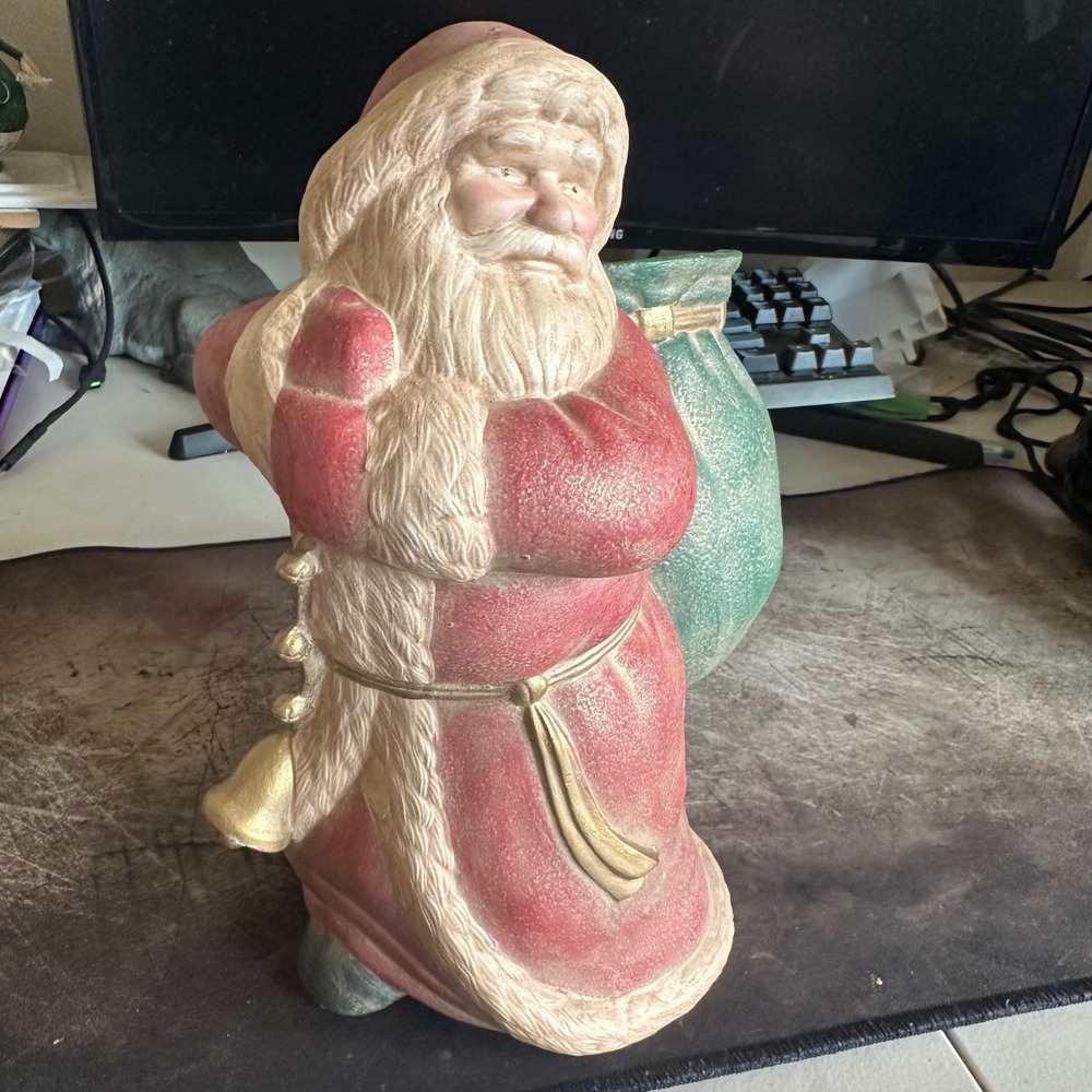 Santa Claus Figurine Large Red Green Vintage Style Planter Sack